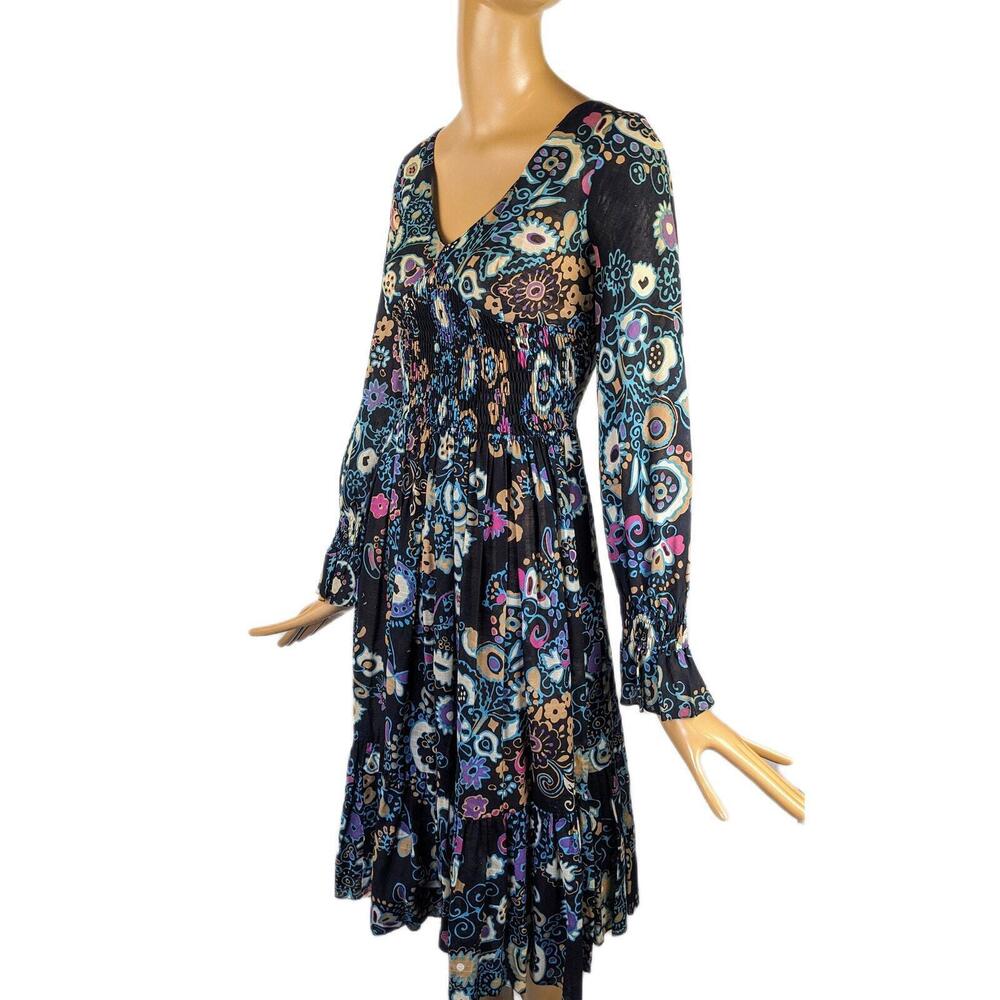 1960s dark floral psychedelic‎ long sleeve minidress vintage bell sleeve flare - Picture 5 of 6
